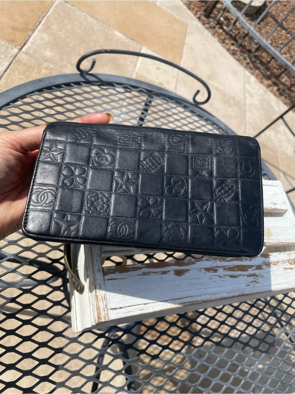 CHANEL Black Quilted Embossed Leather Wallet Clutch with Gold CC
